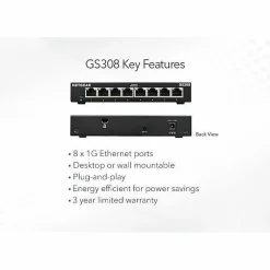 Netgear GS308 Ethernet Switch - 8 Ports - Gigabit Ethernet - 10/100/1000Base-T - 2 Layer Supported - Twisted Pair - GS308300PAS