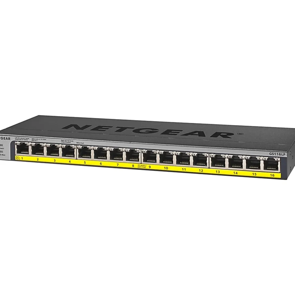 Netgear 16-Port 76W PoE/PoE+ Gigabit Ethernet Unmanaged Switch - 16 Ports - 2 Layer Supported - Twisted Pair - GS116LP100NAS