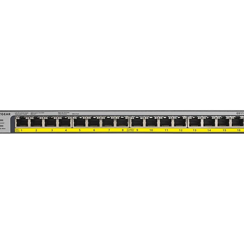 Netgear 16-Port 76W PoE/PoE+ Gigabit Ethernet Unmanaged Switch - 16 Ports - 2 Layer Supported - Twisted Pair - GS116LP100NAS