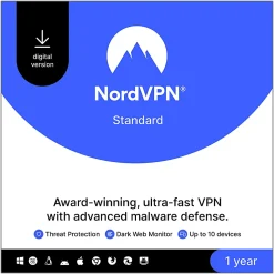 NordVPN Standard VPN Service, 2024, for 10 Devices, 1 Year Subscription, Windows, Mac, Download