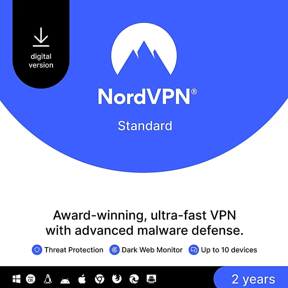 NordVPN VPN Service 2024, 10 Devices, 2-YR Subscription, Android/Windows/IOS, Download