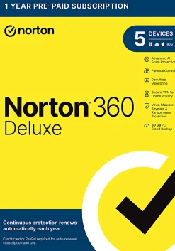 Norton 360 Deluxe, For 5 Devices, PC/Mac, Product Key, 21463293