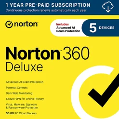 Norton™ 360 Deluxe, For 5 Devices, 1-Year Subscription, Windows®, Download