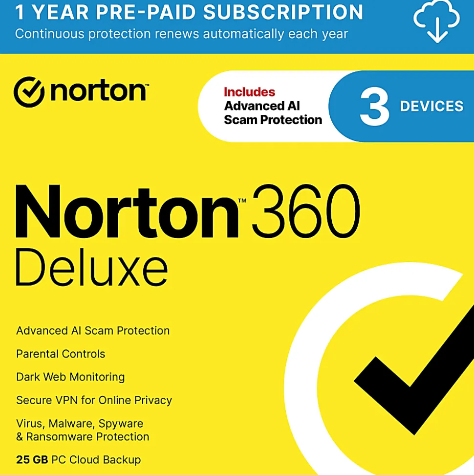 Norton™ 360 Deluxe, For 3 Devices, 1-Year Subscription, Windows®, Download
