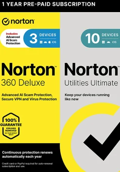 Norton 360 Deluxe + Norton Utilities Ultimate Bundle, For 3 Devices, Download