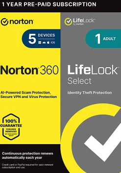 Norton 360/LifeLock Select Bundle, For 5 Devices