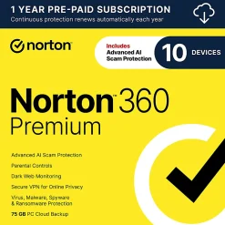 Norton™ 360 Premium, For 10 Devices, 1 Year Subscription, Windows®, Download