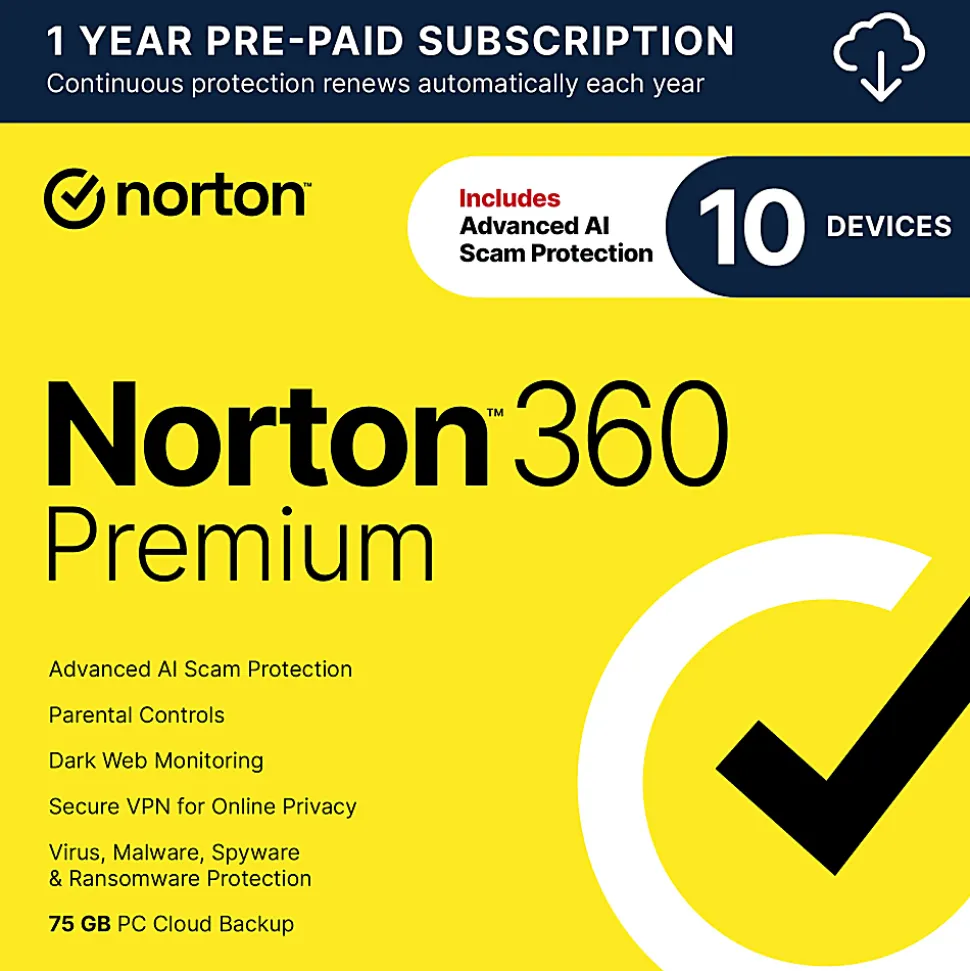Norton™ 360 Premium, For 10 Devices, 1 Year Subscription, Windows®, Download