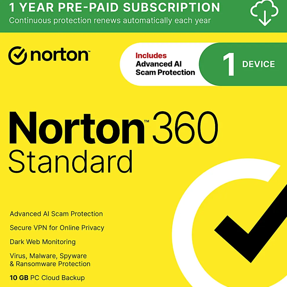 Norton™ 360 Standard, For 1 Device, 1 Year Subscription, Windows®, Download