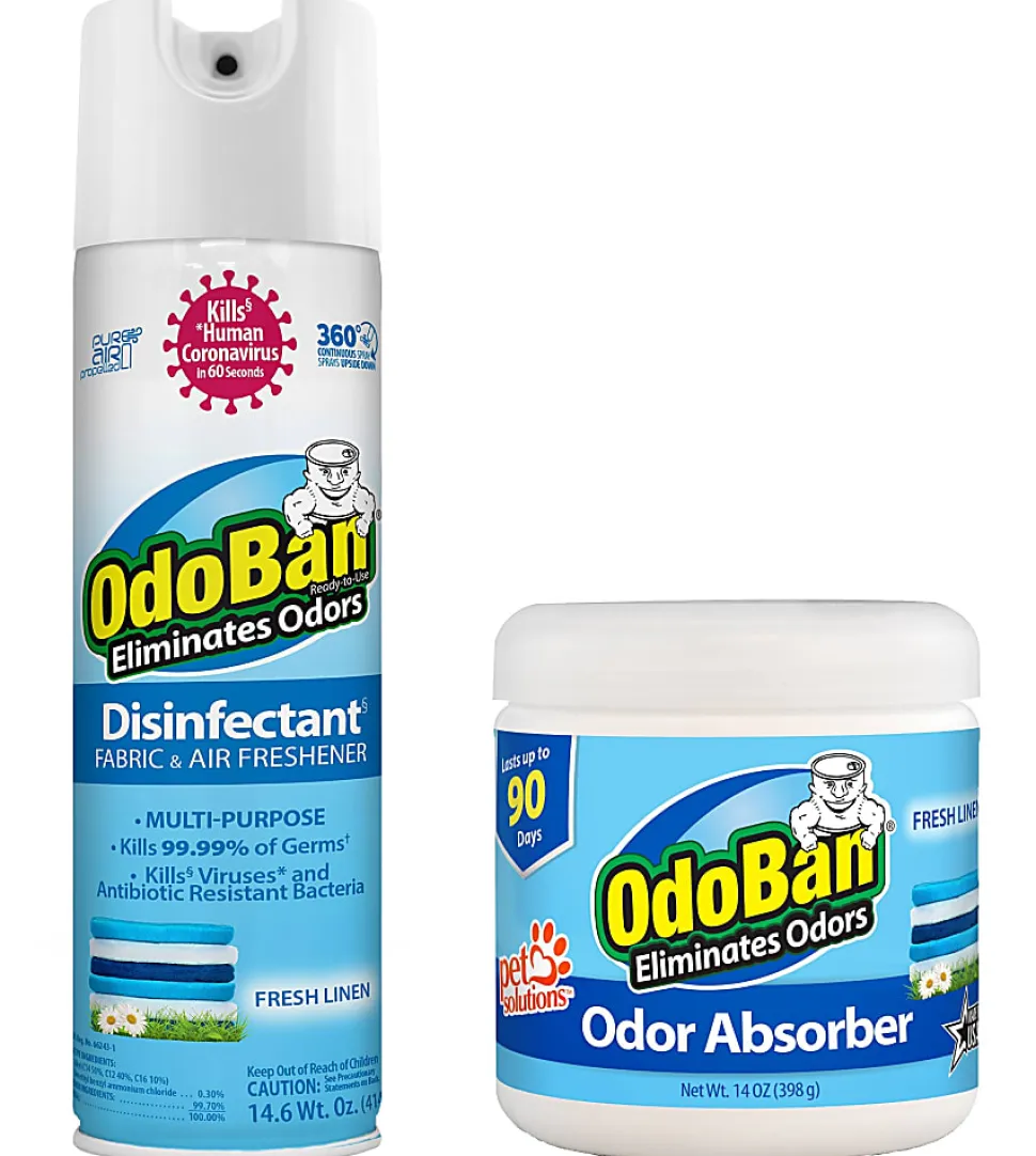 OdoBan Ready-to-Use Disinfectant and Odor Eliminator Set, 14.6 Oz Spray and 14 Oz Solid Odor Absorber, Fresh Linen Scent