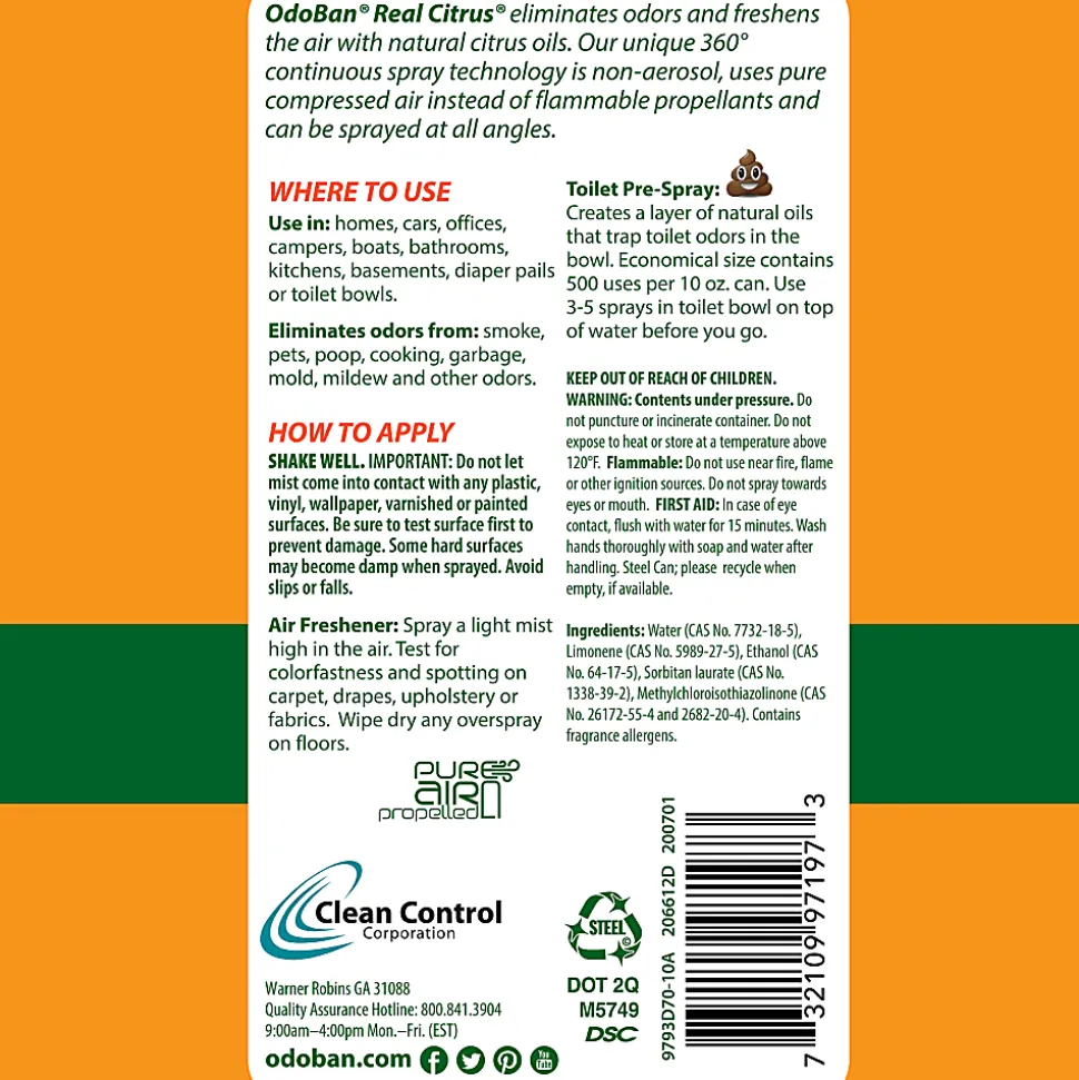 OdoBan Real Citrus Air Freshener, Orange Scent, 10 Oz, Set Of 2 Spray Cans