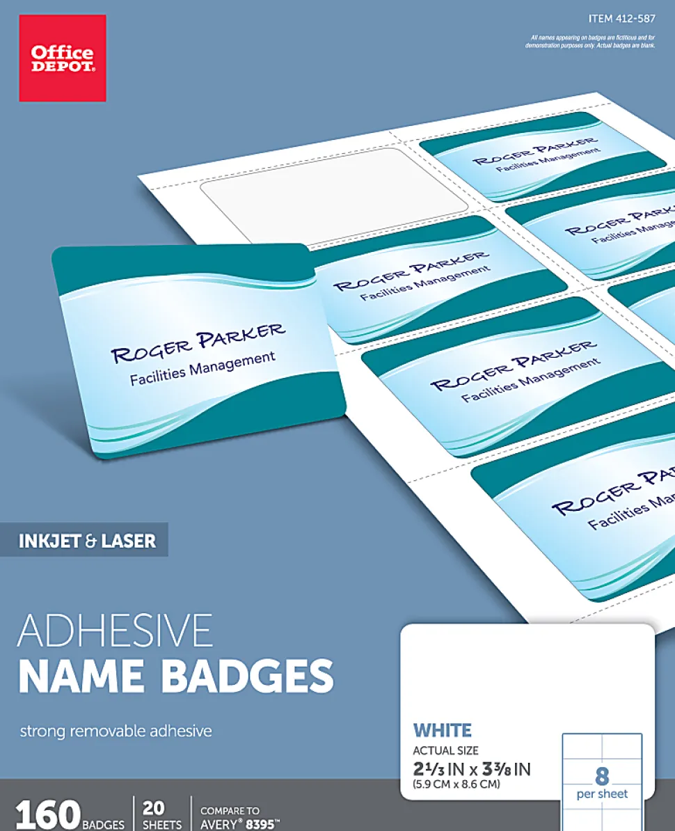 Office Depot® Brand Adhesive Name Badges, 2-1/3" x 3-3/8", White, Pack Of 160