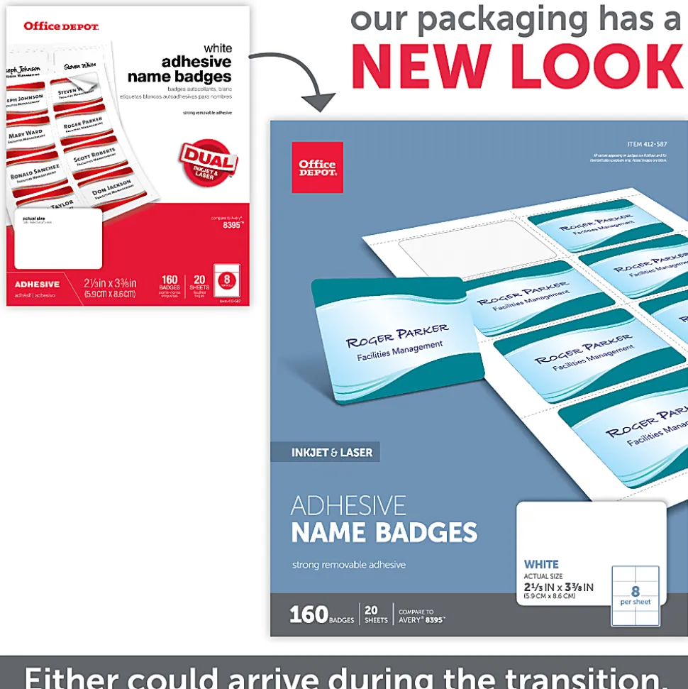 Office Depot® Brand Adhesive Name Badges, 2-1/3" x 3-3/8", White, Pack Of 160