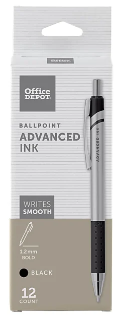 Office Depot® Brand Advanced Ink Retractable Ballpoint Pens, Bold Point, 1.2 mm, Silver Barrel, Black Ink, Pack Of 12