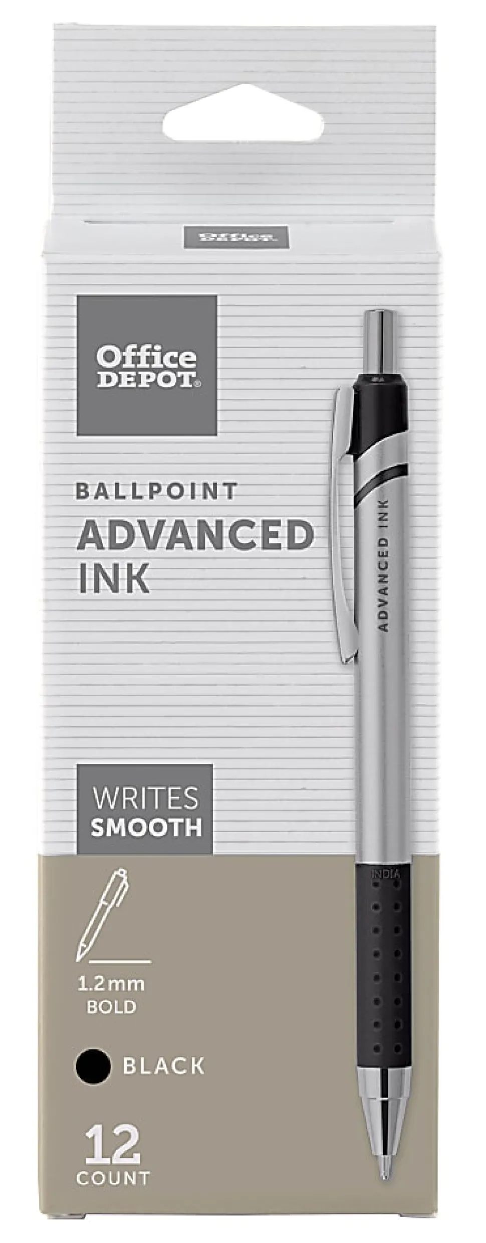 Office Depot® Brand Advanced Ink Retractable Ballpoint Pens, Bold Point, 1.2 mm, Silver Barrel, Black Ink, Pack Of 12