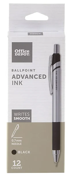 Office DepotĀ® Brand Advanced Ink Retractable Ballpoint Pens, Needle Point, 0.7 mm, Silver Barrel, Black Ink, Pack Of 12