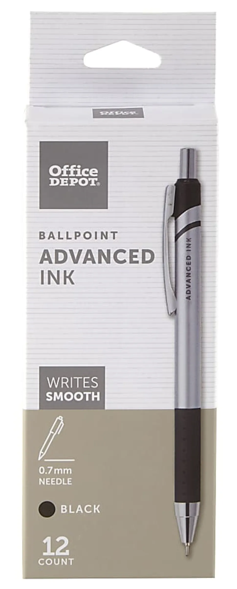 Office Depot® Brand Advanced Ink Retractable Ballpoint Pens, Needle Point, 0.7 mm, Silver Barrel, Black Ink, Pack Of 12