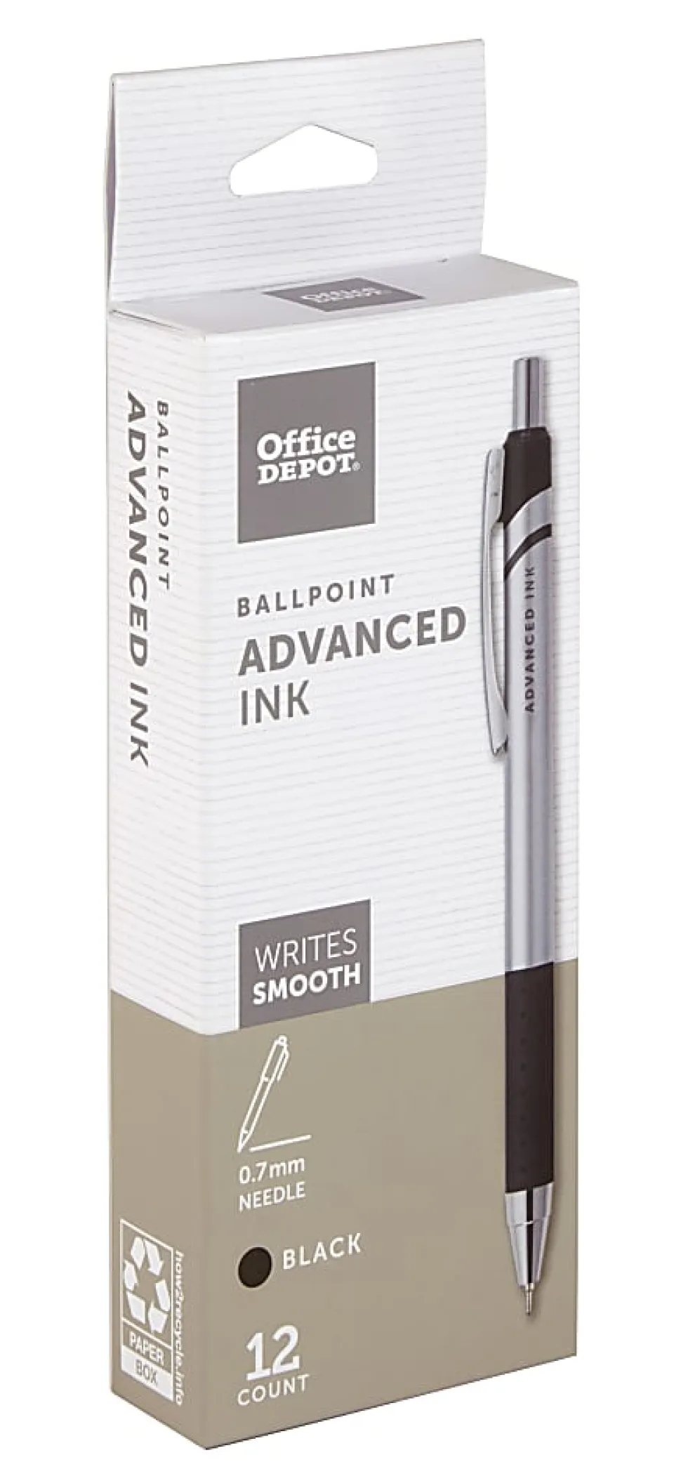 Office Depot® Brand Advanced Ink Retractable Ballpoint Pens, Needle Point, 0.7 mm, Silver Barrel, Black Ink, Pack Of 12