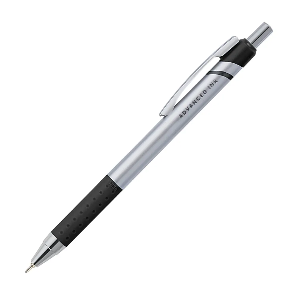 Office Depot® Brand Advanced Ink Retractable Ballpoint Pens, Needle Point, 0.7 mm, Silver Barrel, Black Ink, Pack Of 12
