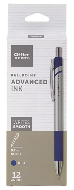 Office Depot® Brand Advanced Ink Retractable Ballpoint Pens, Needle Point, 0.7 mm, Silver Barrel, Blue Ink, Pack Of 12