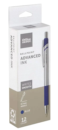 Office Depot® Brand Advanced Ink Retractable Ballpoint Pens, Needle Point, 0.7 mm, Silver Barrel, Blue Ink, Pack Of 12