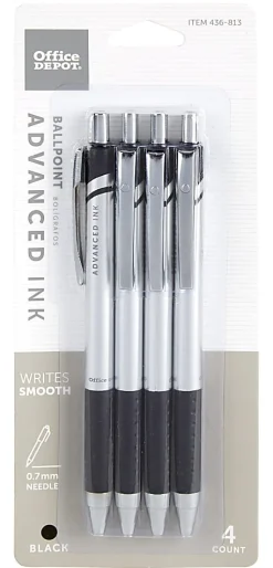 Office Depot® Brand Advanced Ink Retractable Ballpoint Pens, Needle Point, 0.7 mm, Silver Barrel, Black Ink, Pack Of 4