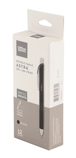 Office Depot® Brand Astra Retractable Gel Ink Pens, Medium Point, 0.7 mm, Black Barrel, Black Ink, Pack Of 12 Pens