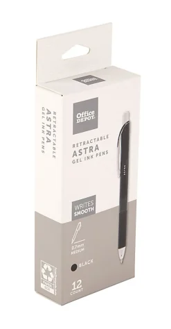 Office Depot® Brand Astra Retractable Gel Ink Pens, Medium Point, 0.7 mm, Black Barrel, Black Ink, Pack Of 12 Pens