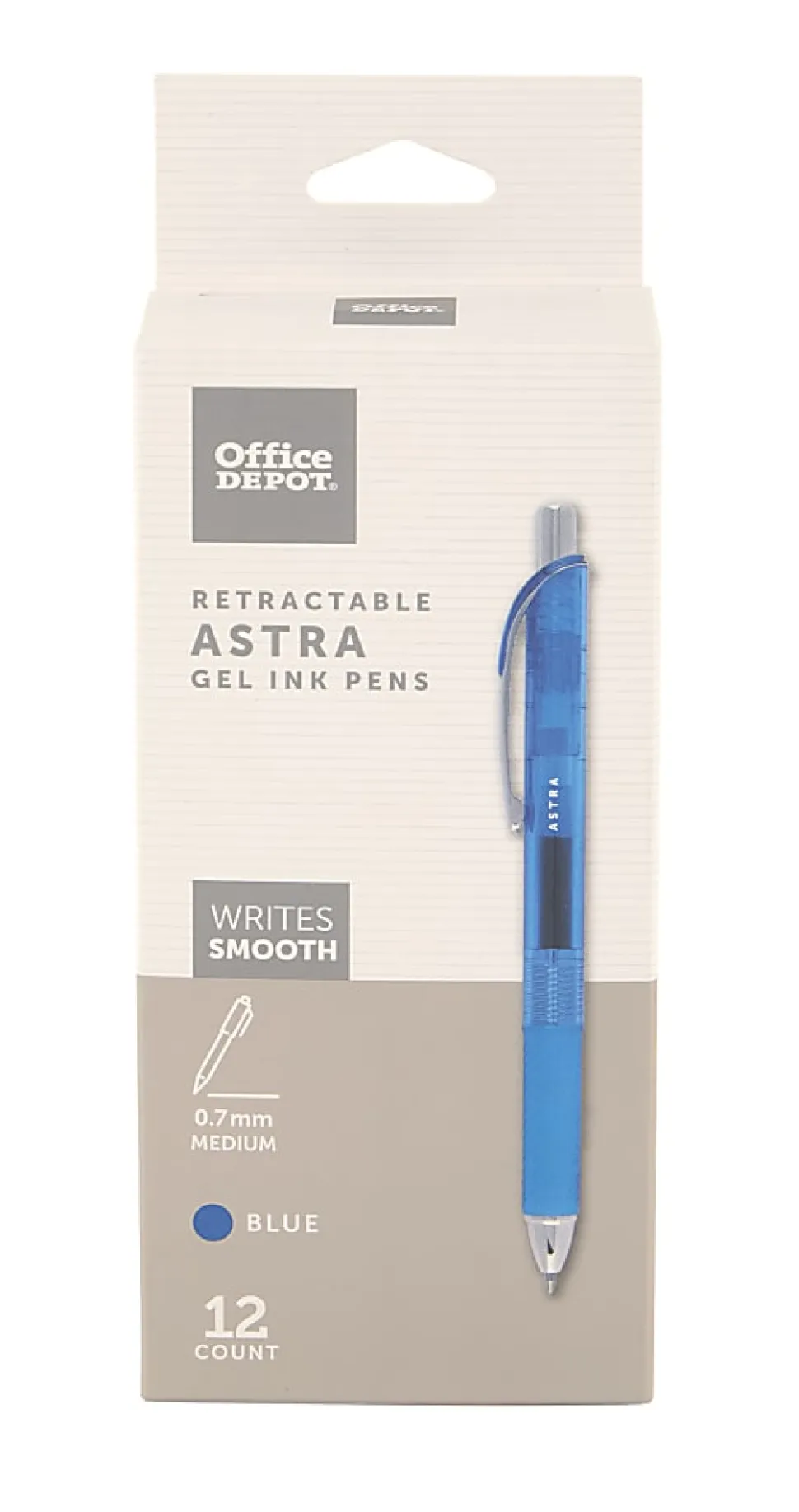 Office Depot® Brand Astra Retractable Gel Ink Pens, Medium Point, 0.7 mm, Blue Barrel, Blue Ink, Pack Of 12 Pens