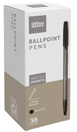 Office DepotĀ® Brand Ballpoint Stick Pens, Medium Point, 1.0 mm, Black Barrel, Black Ink, Pack Of 36