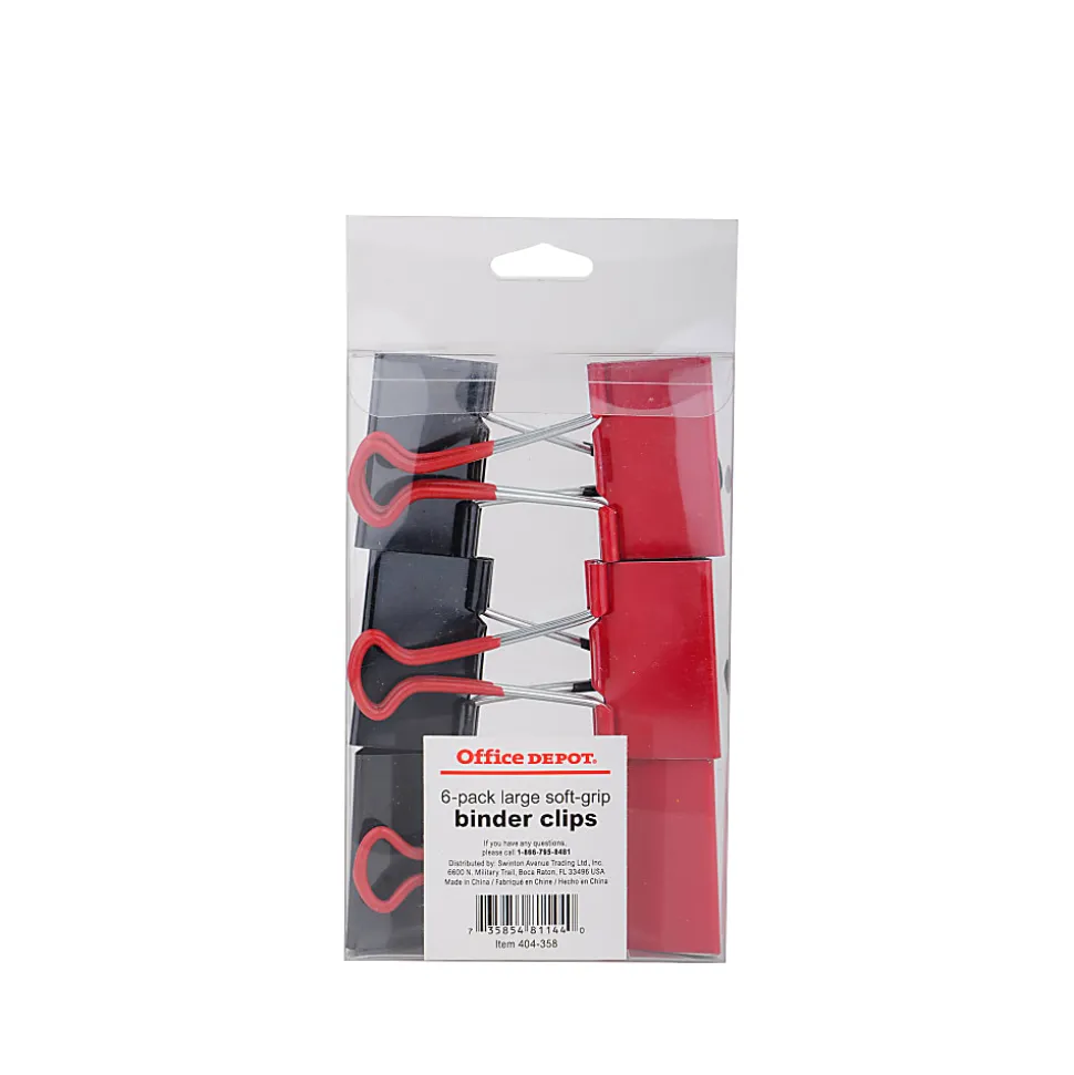 Office Depot® Brand Binder Clips, Large, 2" Wide, Black/Red, Pack Of 6