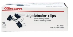 Office Depot® Brand Binder Clips, Large, 2" Wide, 1" Capacity, Black, Box Of 12