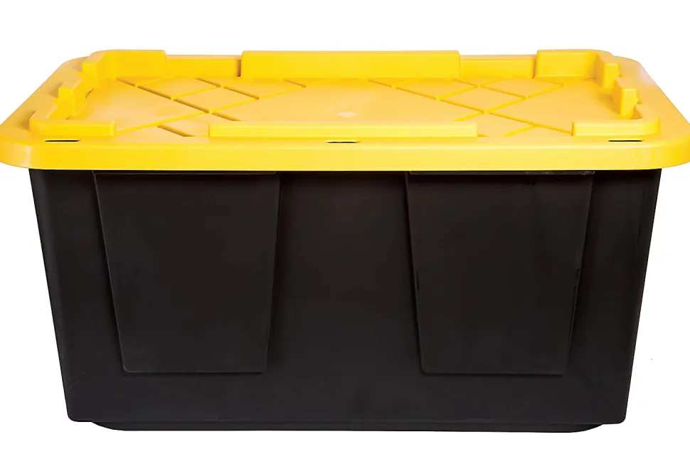 Office Depot® Brand by GreenMade® Professional Storage Tote With Handles/Snap Lid, 27 Gallon, 30-1/10" x 20-1/4" x 14-3/4", Black/Yellow, Pack Of 4