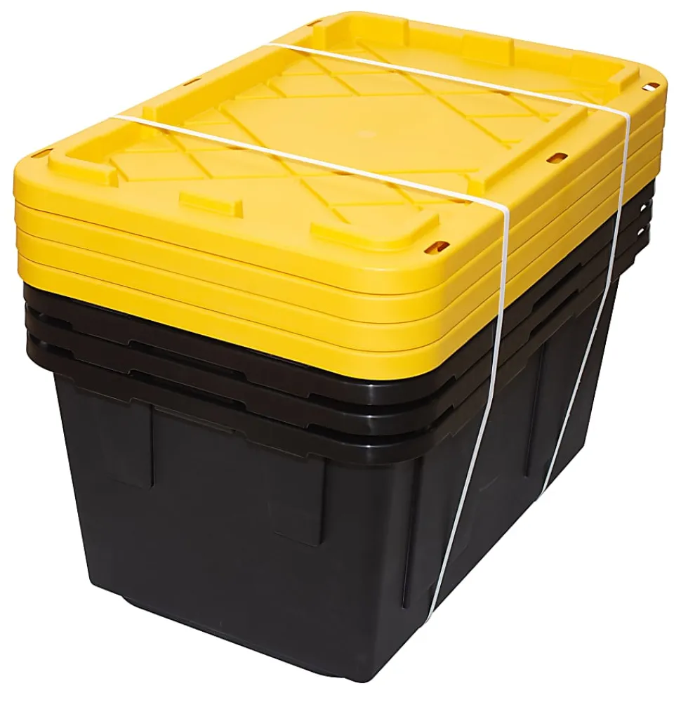 Office Depot® Brand by GreenMade® Professional Storage Tote With Handles/Snap Lid, 27 Gallon, 30-1/10" x 20-1/4" x 14-3/4", Black/Yellow, Pack Of 4
