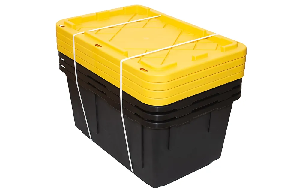 Office Depot® Brand by GreenMade® Professional Storage Tote With Handles/Snap Lid, 27 Gallon, 30-1/10" x 20-1/4" x 14-3/4", Black/Yellow, Pack Of 4