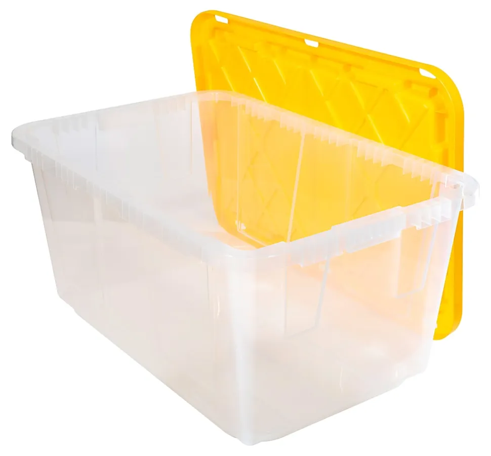 Office Depot® Brand by GreenMade® Professional Storage Totes, 27 Gallon, 30-1/10"x20-1/4"x14-3/4", Clear/Yellow, Pack Of 4 Totes - 761707