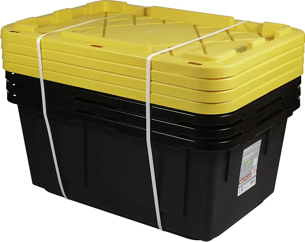 Office Depot® Brand by Greenmade® Professional Storage Totes, 23-Gallon, Black/Yellow, Pack Of 4 Totes