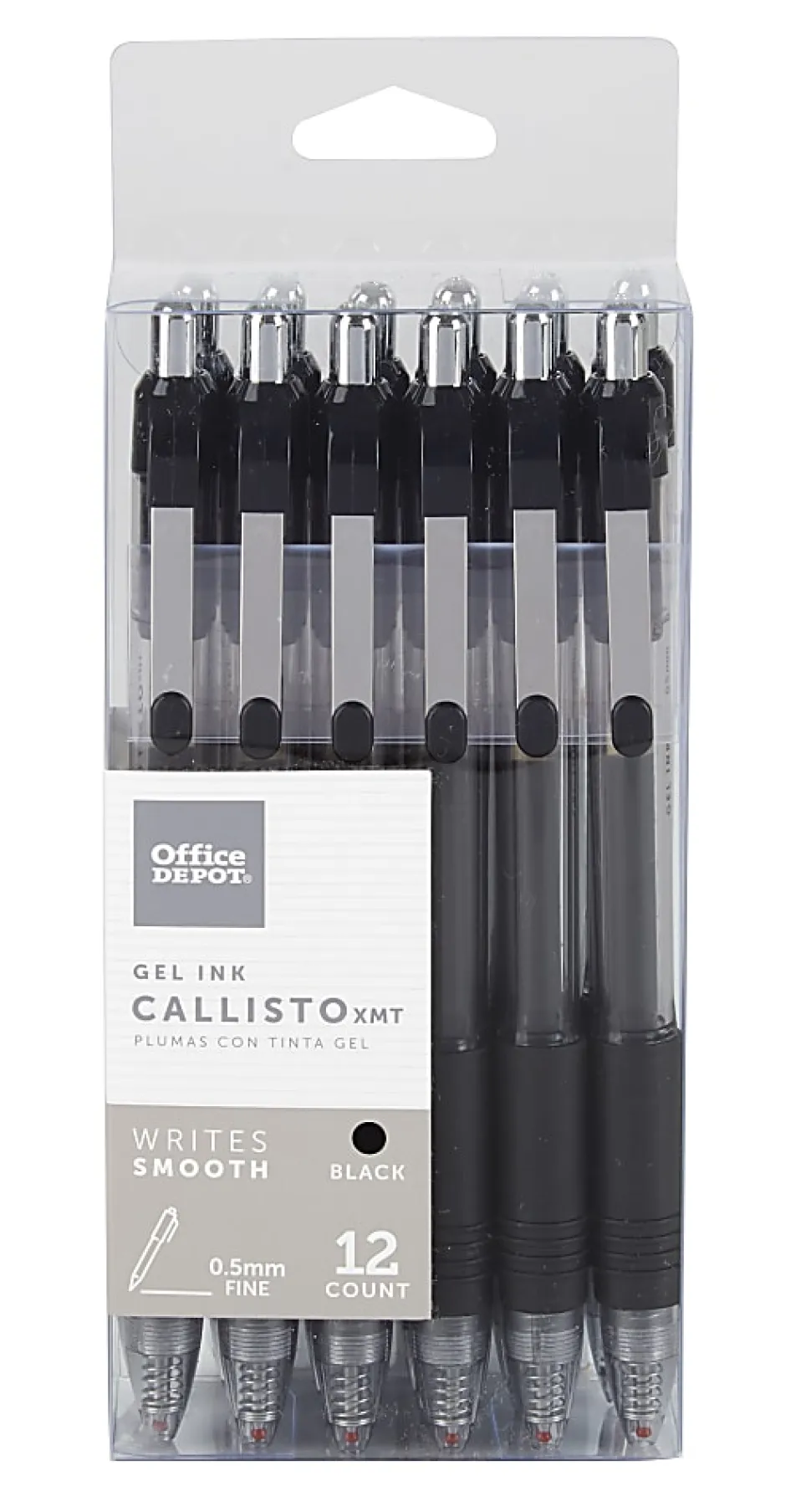 Office Depot® Brand Callisto Retractable Gel Ink Pens, Fine Point, 0.5 mm, Transparent Black Barrel, Black Ink, Pack Of 12 Pens