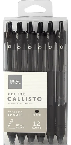 Office Depot® Brand Callisto Retractable Gel Ink Pens, Medium Point, 0.7 mm, Translucent Black Barrel, Black Ink, Pack Of 12 Pens