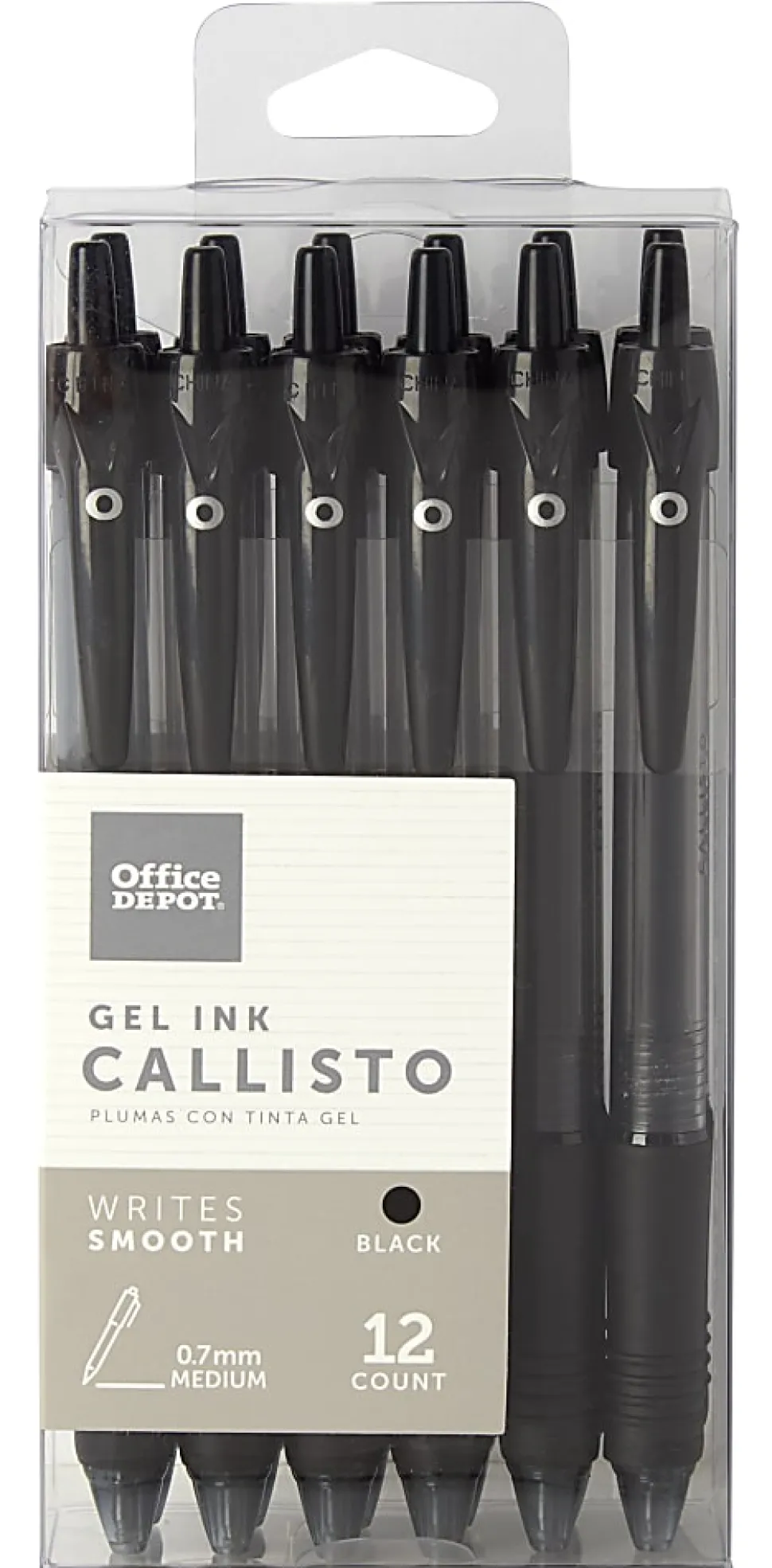 Office Depot® Brand Callisto Retractable Gel Ink Pens, Medium Point, 0.7 mm, Translucent Black Barrel, Black Ink, Pack Of 12 Pens