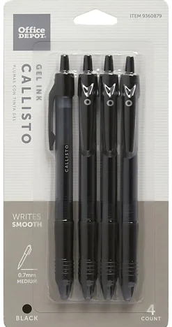 Office Depot® Brand Callisto Retractable Gel Ink Pens, Medium Point, 0.7 mm, Black Barrel, Black Ink, Pack Of 4 Pens