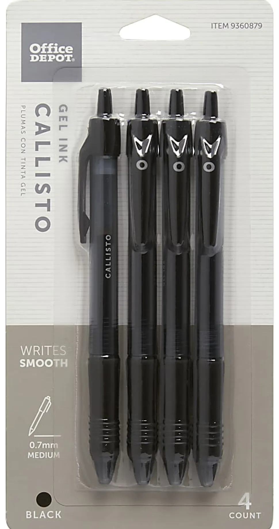Office Depot® Brand Callisto Retractable Gel Ink Pens, Medium Point, 0.7 mm, Black Barrel, Black Ink, Pack Of 4 Pens