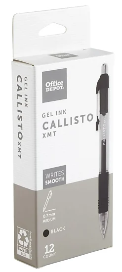 Office Depot® Brand Callisto Retractable Gel Ink Pens, Medium Point, 0.7 mm, Transparent Black Barrel, Black Ink, Pack Of 12 Pens