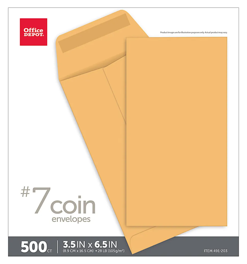 Office Depot® Brand Coin Envelopes, 3-1/2" x 6-1/2", Gummed Seal, Manila, Box Of 500