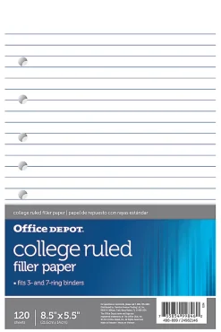 Office Depot® Brand College-Ruled Notebook Filler Paper, 7-Hole Punched, 8 1/2" x 5 1/2", 120 Sheets