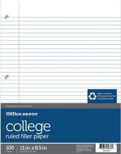 Office Depot® Brand College-Ruled Notebook Filler Paper, 3-Hole Punched, 11" x 8 1/2", 100 Sheets