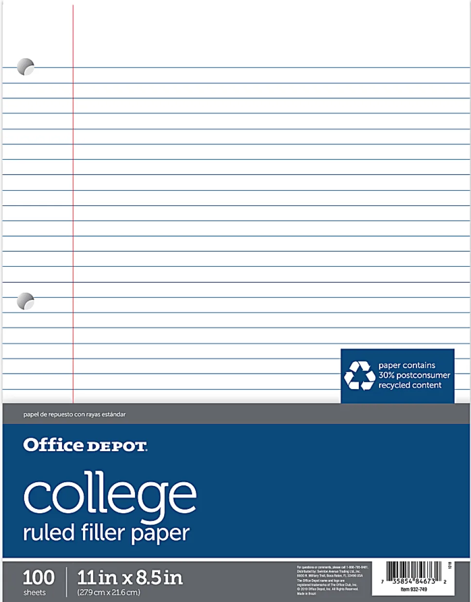 Office Depot® Brand College-Ruled Notebook Filler Paper, 3-Hole Punched, 11" x 8 1/2", 100 Sheets