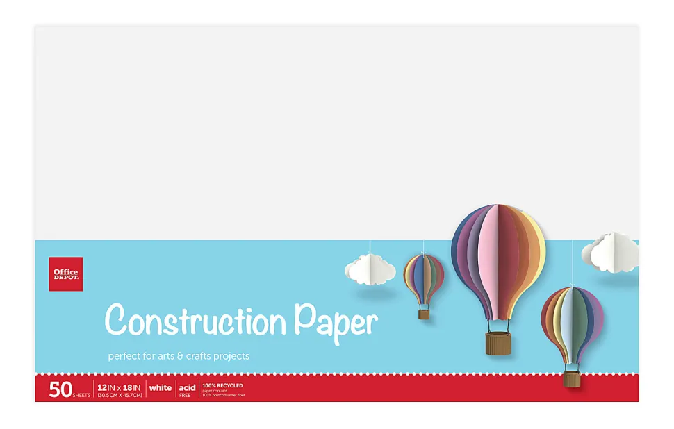 Office Depot® Brand Construction Paper, 12" x 18", 100% Recycled, White, Pack Of 50 Sheets