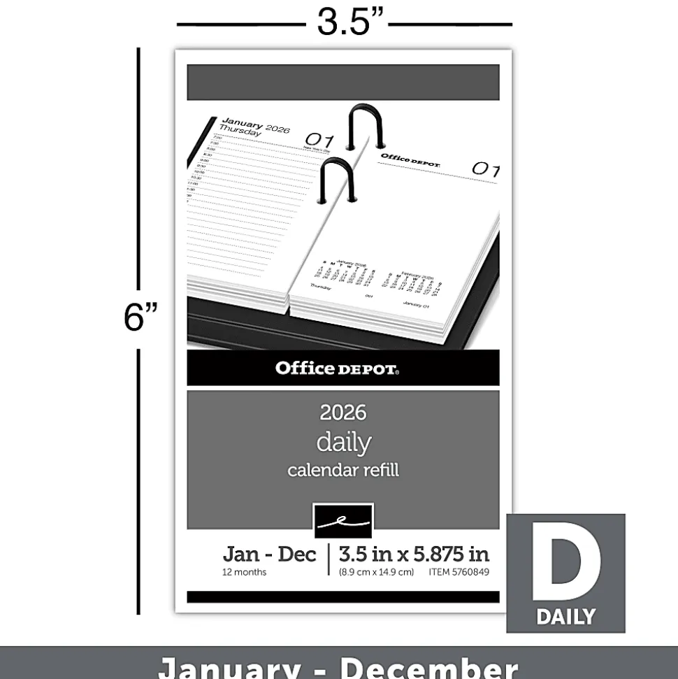 Office Depot Brand Daily Desk Calendar Refill, 3 1/2" x 6", White, January 2026 to December 2026, SP717D5026