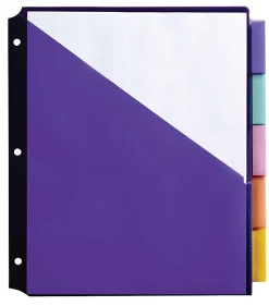 Office Depot® Brand Double Pocket Insertable Plastic Divider, 5-Tab, 8-1/2" x 11", Assorted Colors
